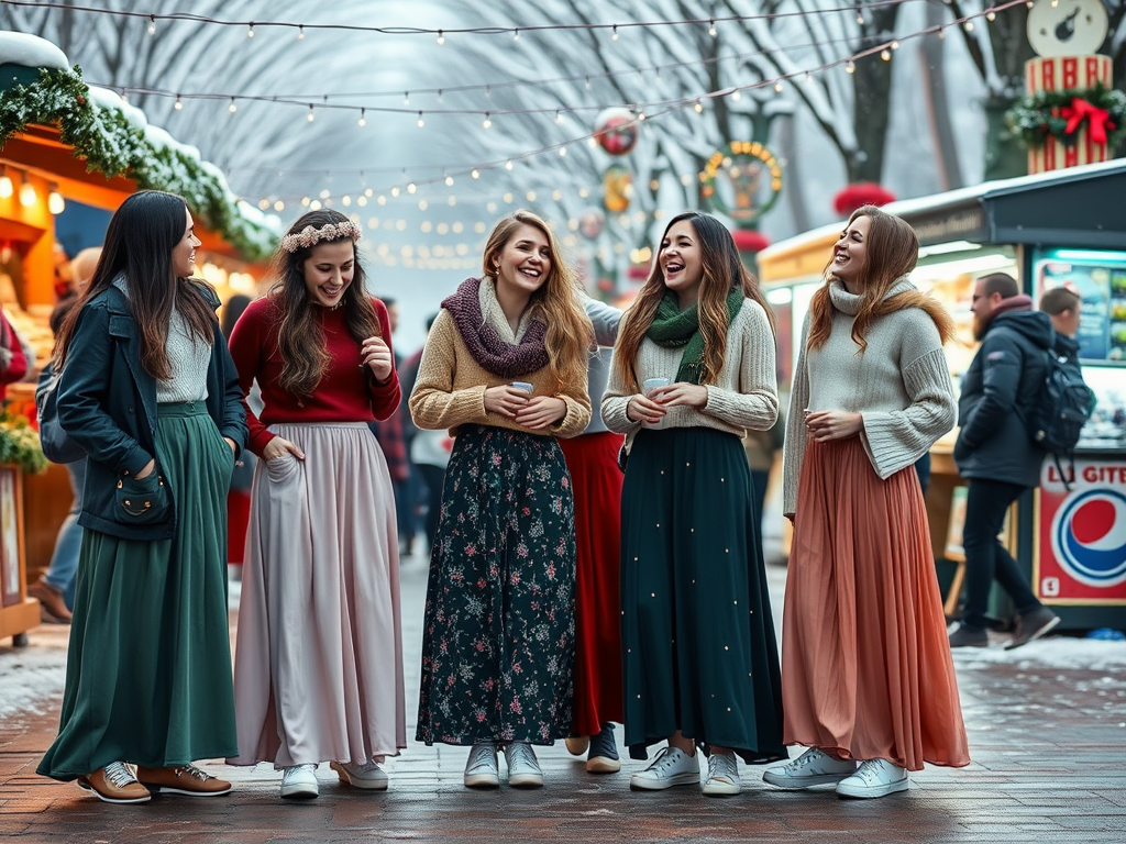 Zes vrouwen in lange rokken lachen en praten samen op een kerstmarkt, omringd door feestelijke decoraties.