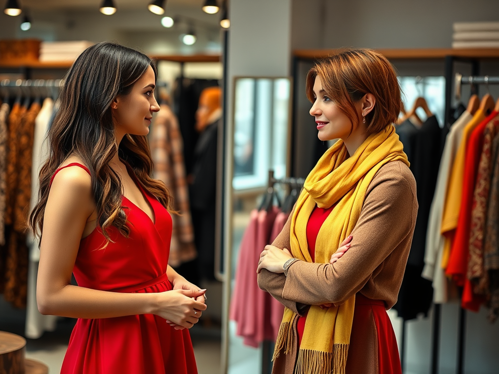 Twee vrouwen in rode jurken staan elkaar aan te kijken in een kledingwinkel, met vrolijke gezichten.