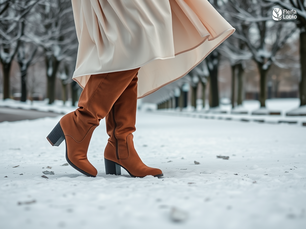 Een paar bruin laarzen op sneeuw, met een lange, beige jurk die meebeweegt in de winterse omgeving.