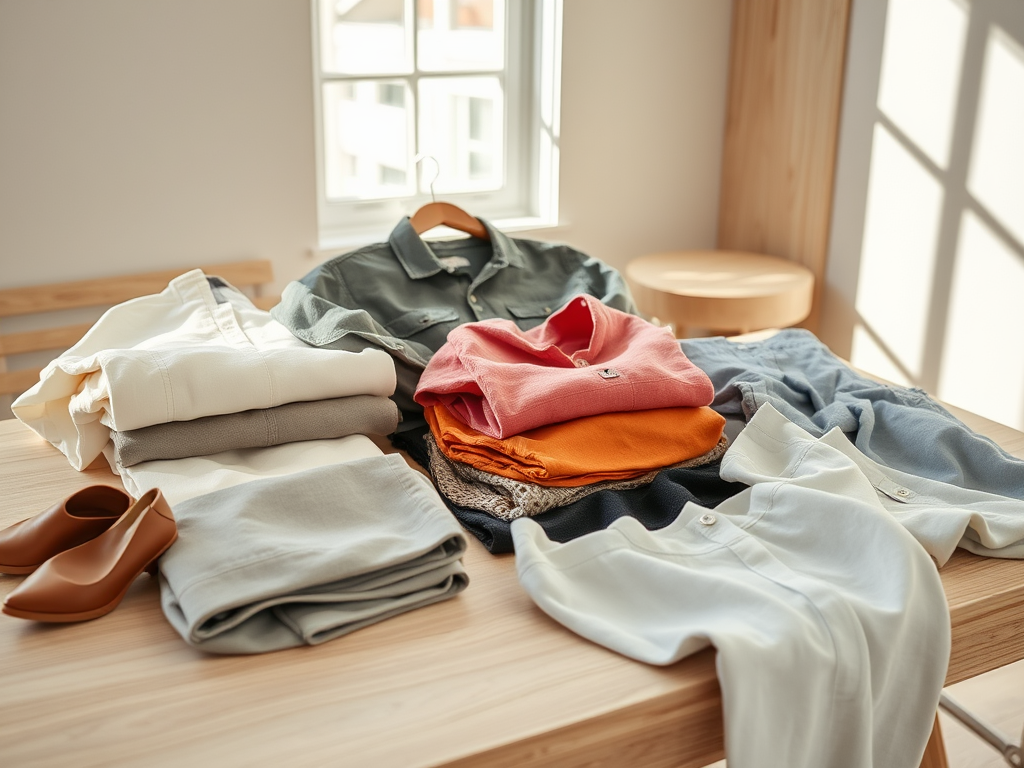 Een tafel met verschillende opgevouwen kledingstukken en een paar bruine schoenen. Veelkleurige kleding en een helder interieur.