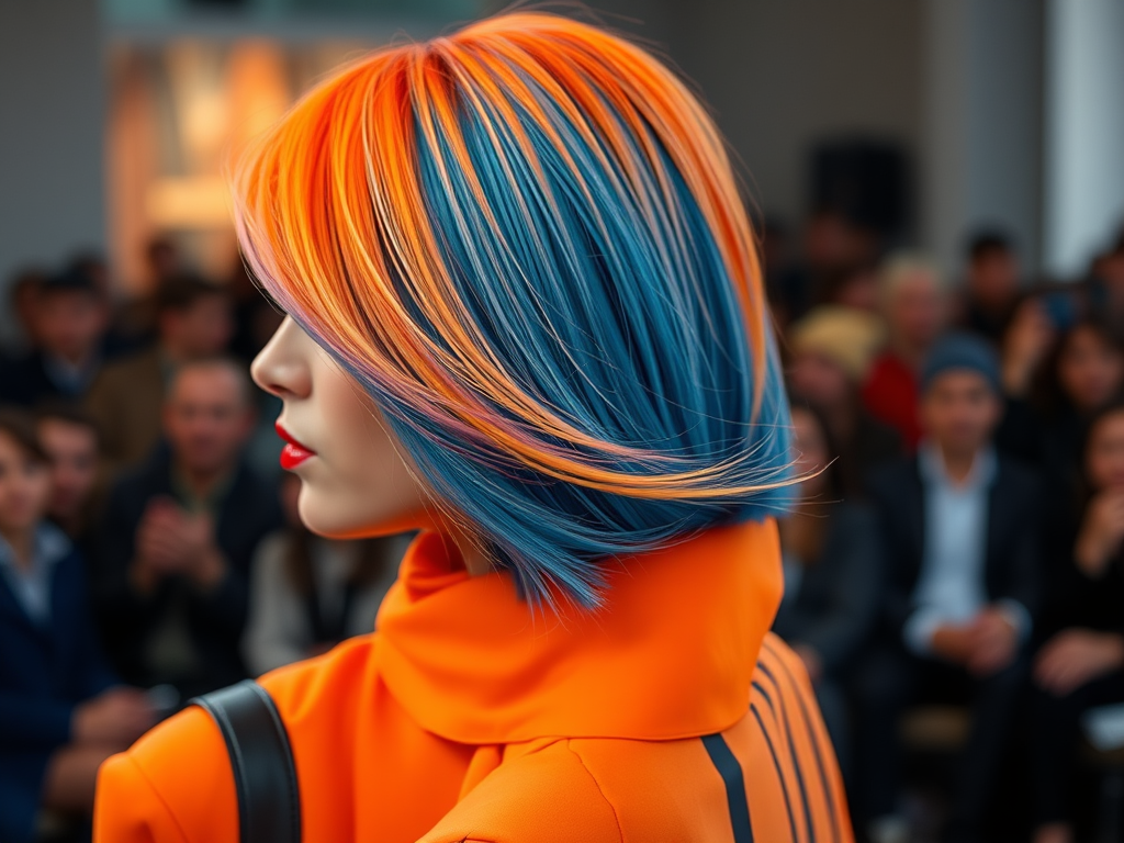 Een model met een felle oranje en blauwe haarstijl in een drukke omgeving, terwijl mensen toekijken.