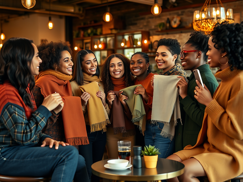 Een groep vrouwen in een café poseert lachend met kleurrijke sjaals en geniet van elkaars gezelschap.