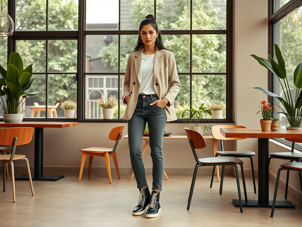 Een vrouw in een beige blazer en jeans staat in een moderne café-omgeving met planten en houten meubels.